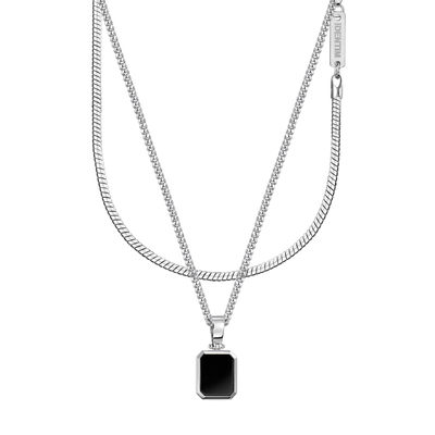 ONYX NECKLACE SNAKE CHAIN SET 925 SILVER RHODIUM-PLATED