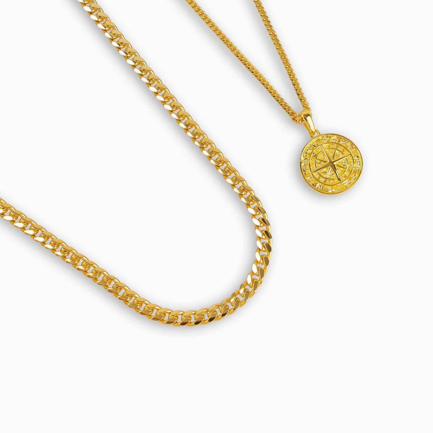 COMPASS NECKLACE CURB CHAIN SET 925 SILVER 18 CARAT GOLD PLATED