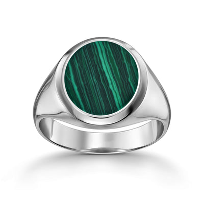 SEALING RING MALACHITE OVAL 585, 750 WHITE GOLD, 950 PLATINUM