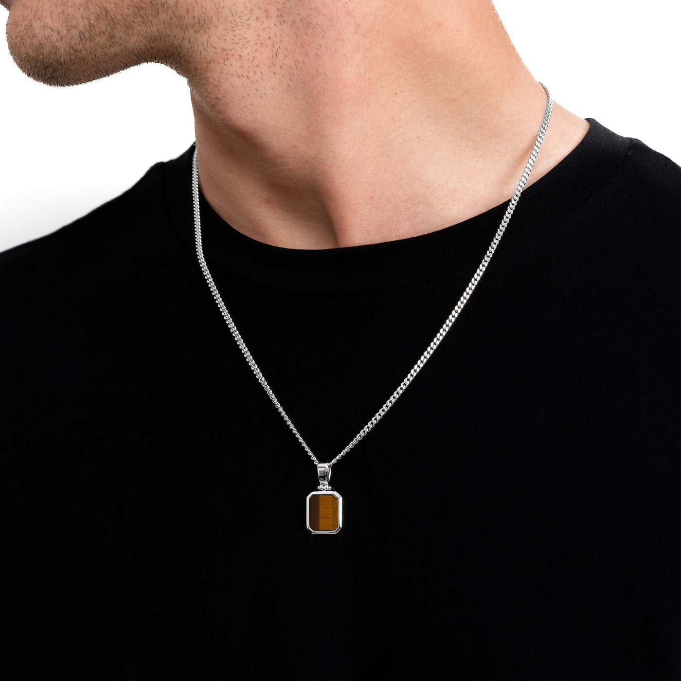 Tiger's eye octagon necklace 925 silver rhodium-plated