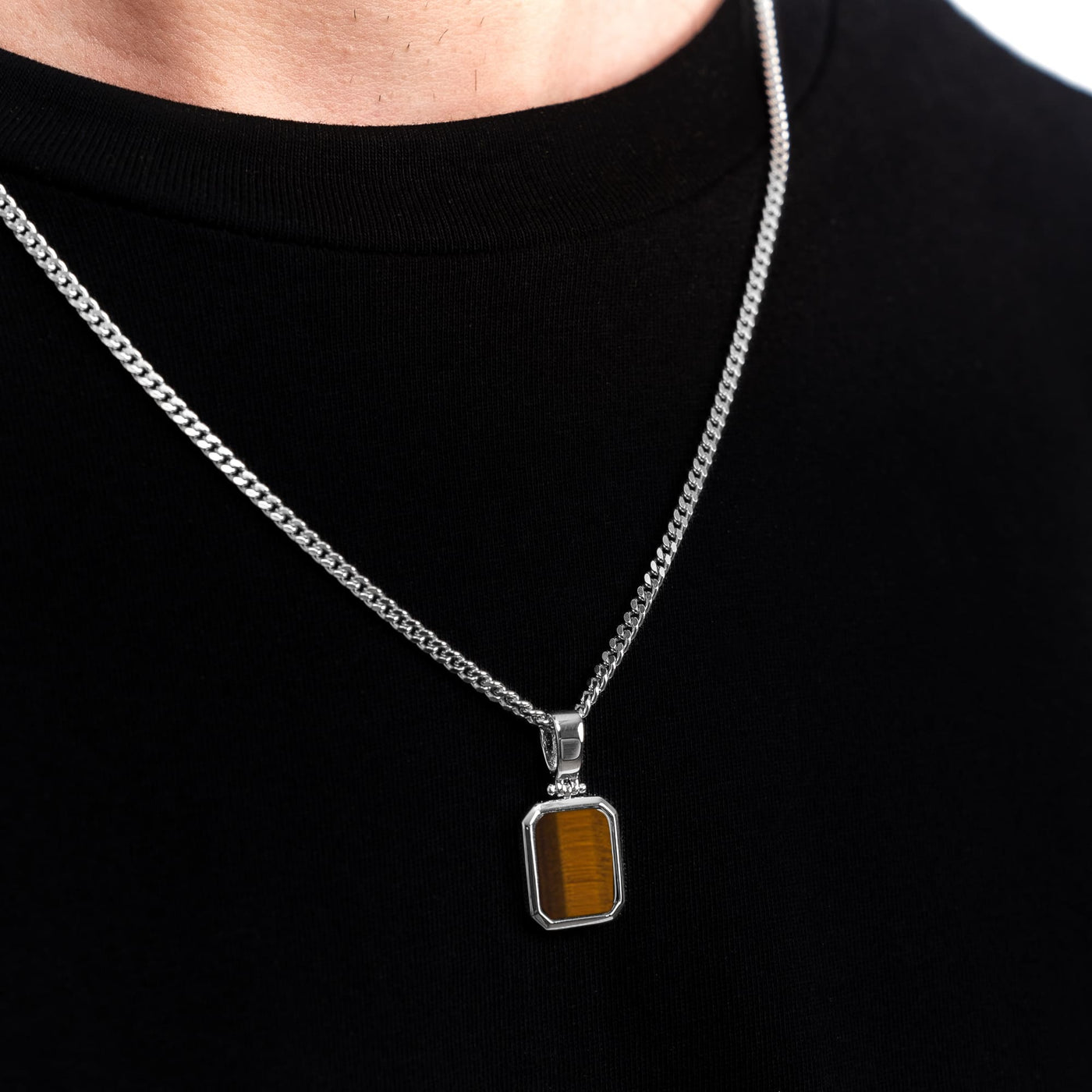 Tiger's eye octagon necklace 925 silver rhodium-plated