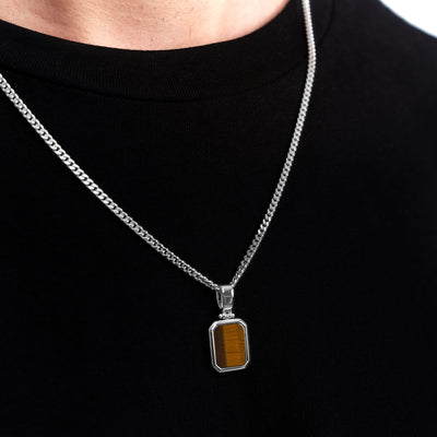 Tiger's eye octagon necklace 925 silver rhodium-plated
