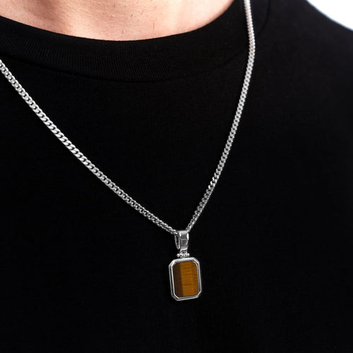 Tiger's eye octagon necklace 925 silver rhodium-plated