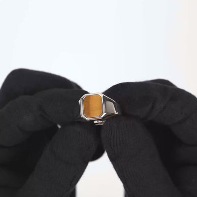 SIGNET RING TIGER EYE OCTAGON 925 SILVER RHODIUM PLATED