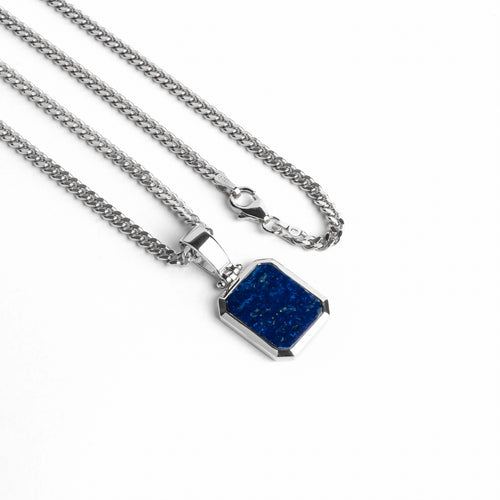 LAPIS OCTAGON NECKLACE 925 SILVER RHODIUM PLATED