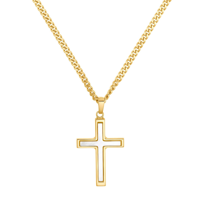 CROSS NECKLACE MOTHER OF PEARL 925 SILVER 18 KARAT GOLD PLATED