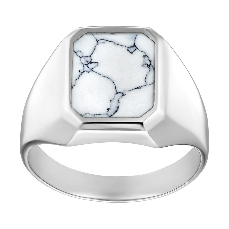SIGNET RING HOWLITE MARBLE OCTAGON 925 SILVER RHODIUM PLATED