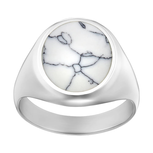 SIGNET RING HOWLITE MARBLE OVAL 925 SILVER RHODIUM PLATED - IDENTIM®