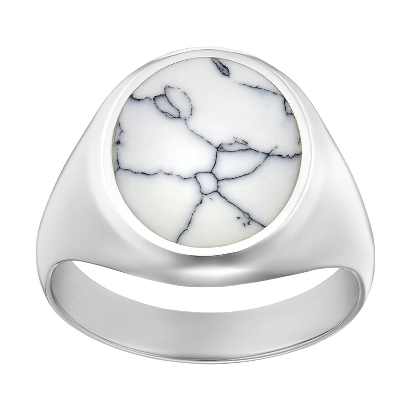 SIGNET RING HOWLITE MARBLE OVAL 925 SILVER RHODIUM PLATED