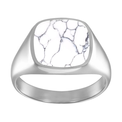 SIGNET RING HOWLITE MARBLE SQUARE 925 SILVER RHODIUM PLATED - IDENTIM®