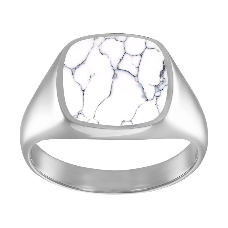 SIGNET RING HOWLITE MARBLE SQUARE 925 SILVER RHODIUM PLATED